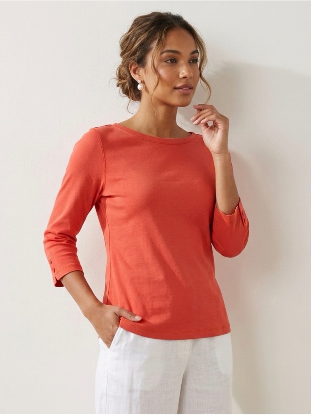 L.L. Bean Women's Boatneck 3/4 Sleeve with Button Detail Cuff Top Shirt Size M